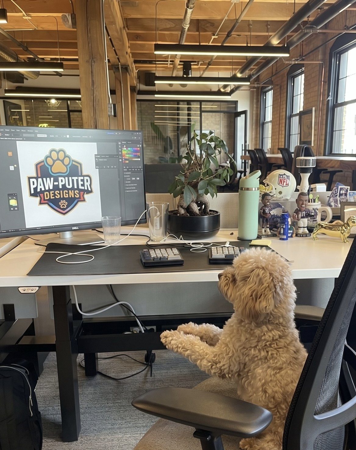 A dog at a designer's desk