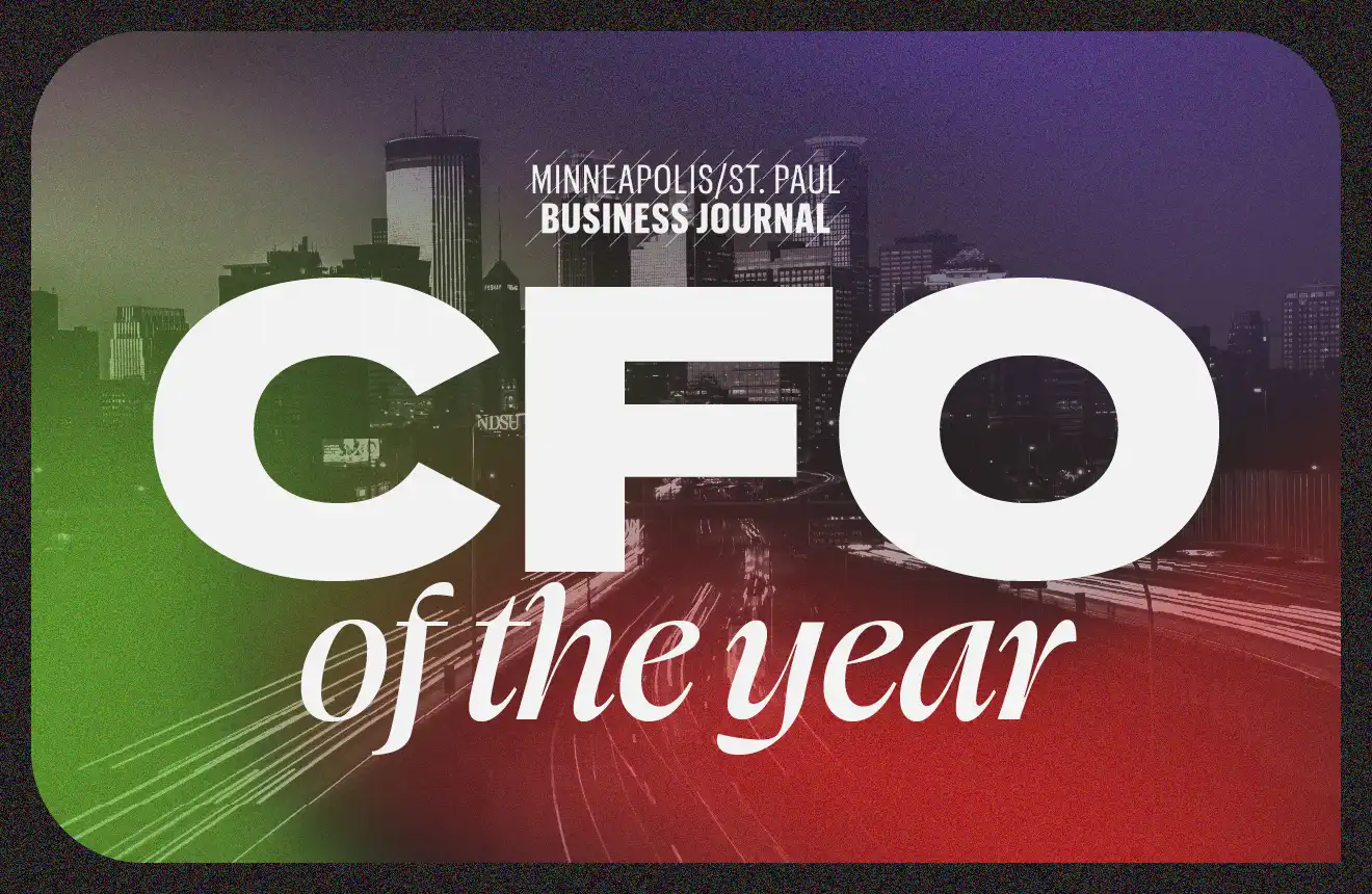 Skyline photo of Minneapolis with the words Minneapolis/St. Paul Business Journal CFO of the year