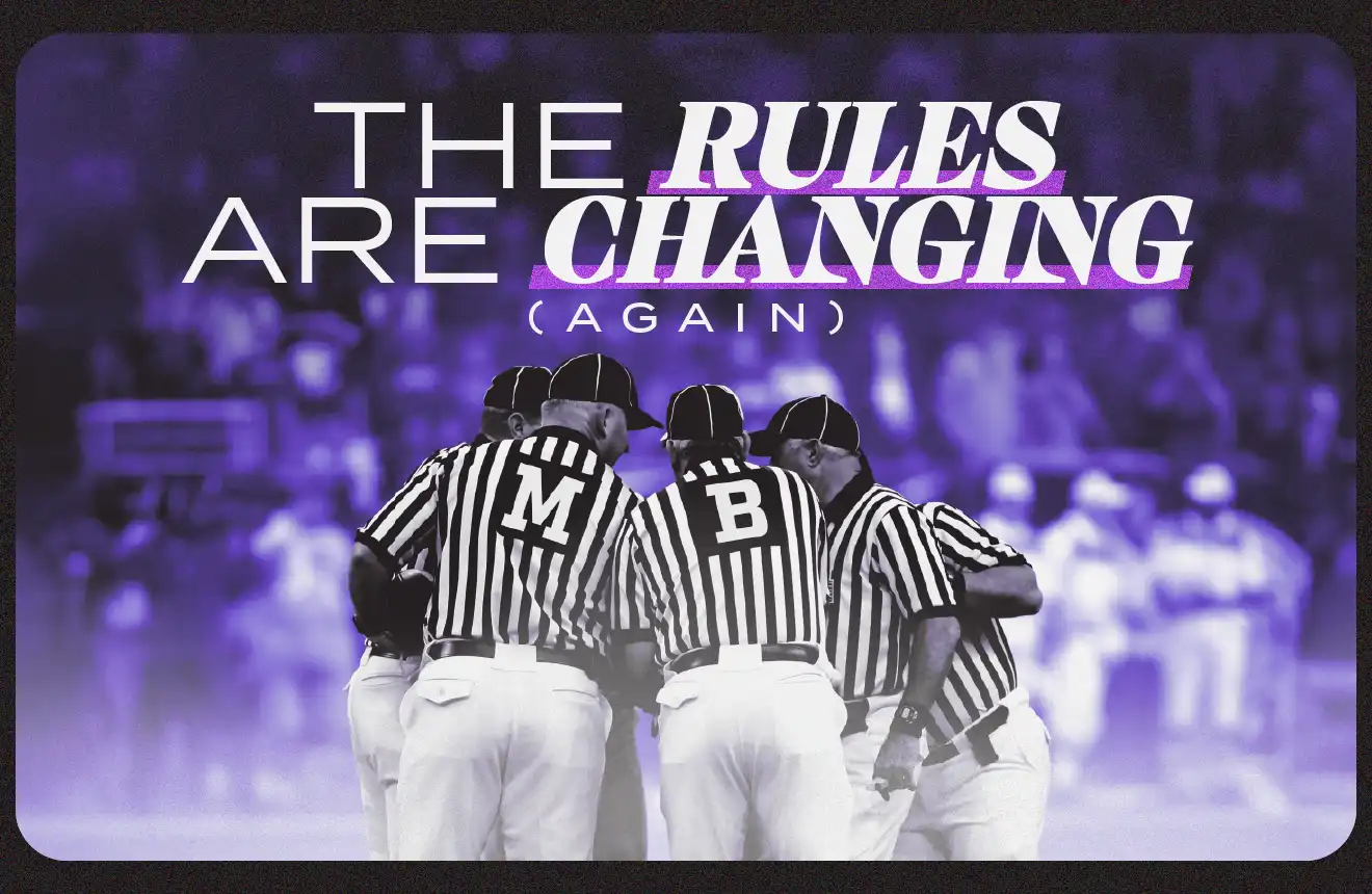 Big type stating "The Rules of Changing (again)" with a photo of sports referees